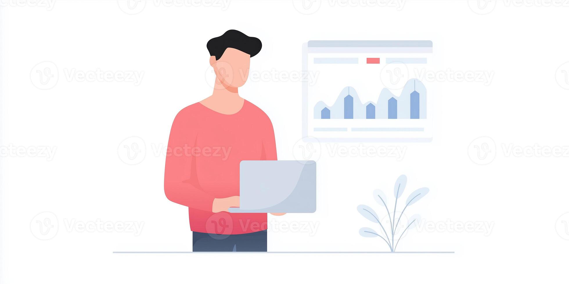 Professional individual analyzing data on laptop while standing near plant with graphs displayed on screen showcasing business performance metrics concept photo
