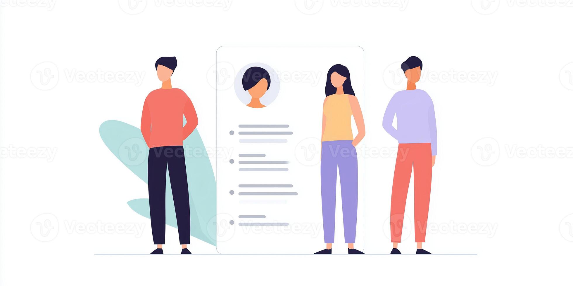 Creative team collaboration with diverse individuals standing together, showcasing a profile card, modern workspace, teamwork concept photo