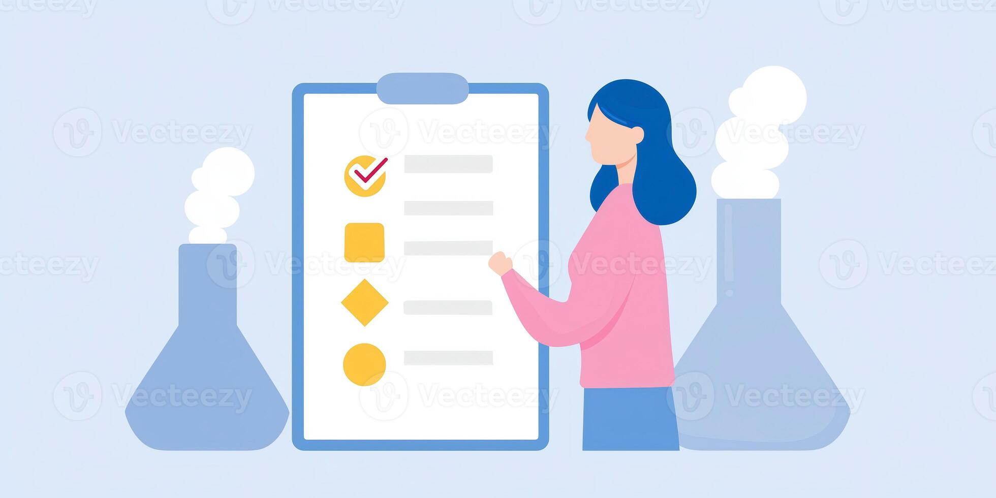 Laboratory technician reviewing checklist with laboratory equipment in background, emphasizing organization and efficiency in scientific research process concept photo
