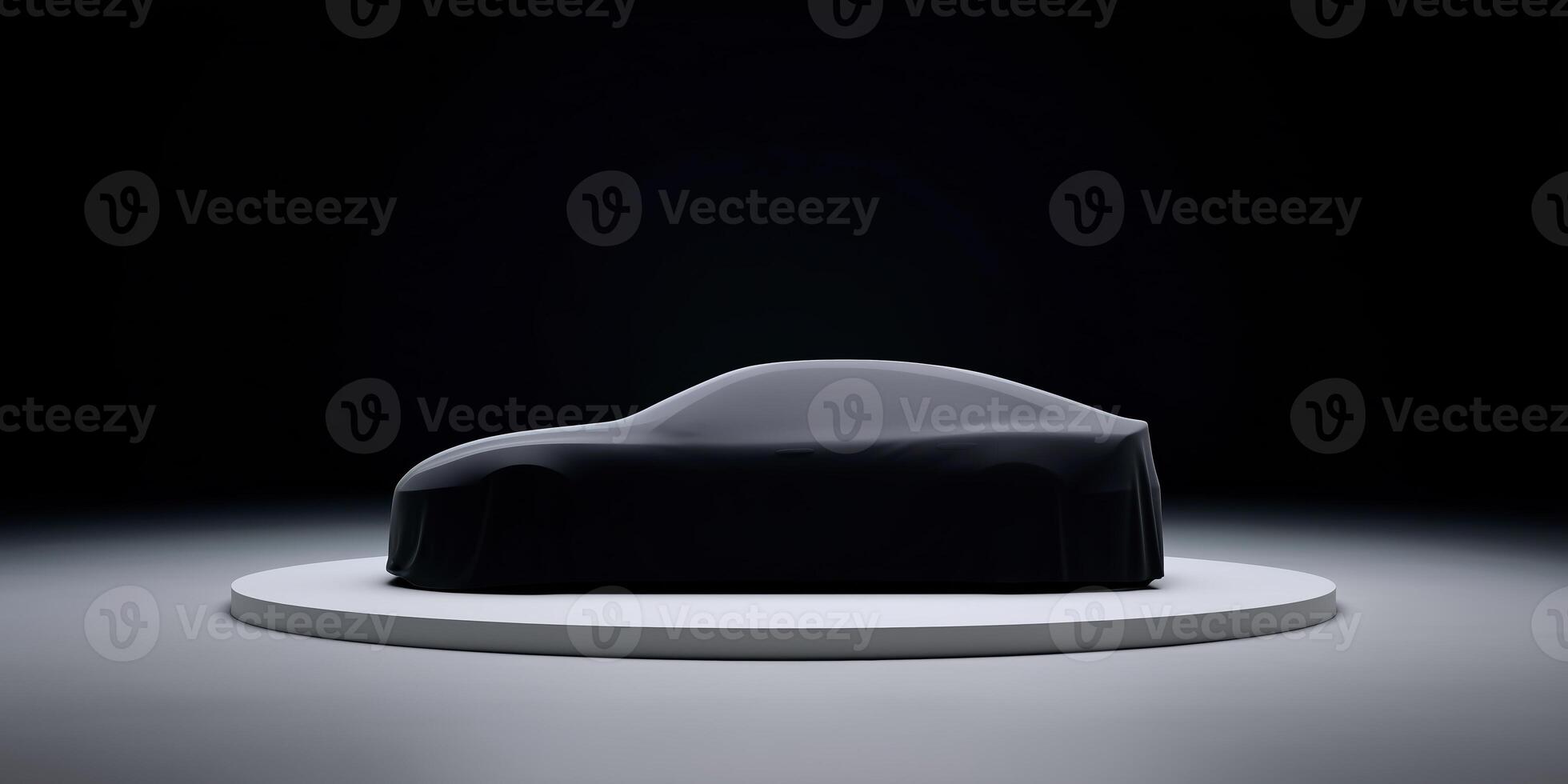 Sleek automobile covered with a black cloth on a circular platform in a dimly lit studio showcasing modern design and innovation concept photo