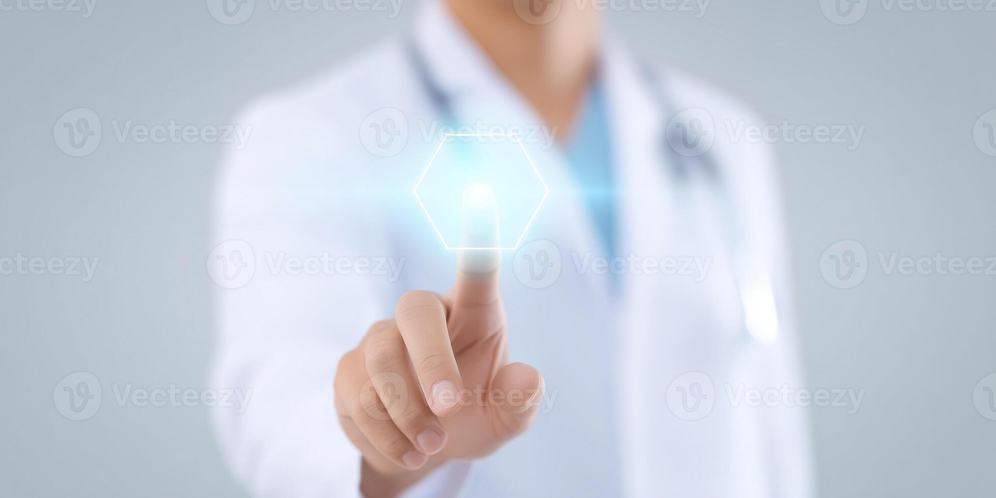 Medical professional interacting with digital interface showcasing health technology innovation and futuristic healthcare solutions concept photo