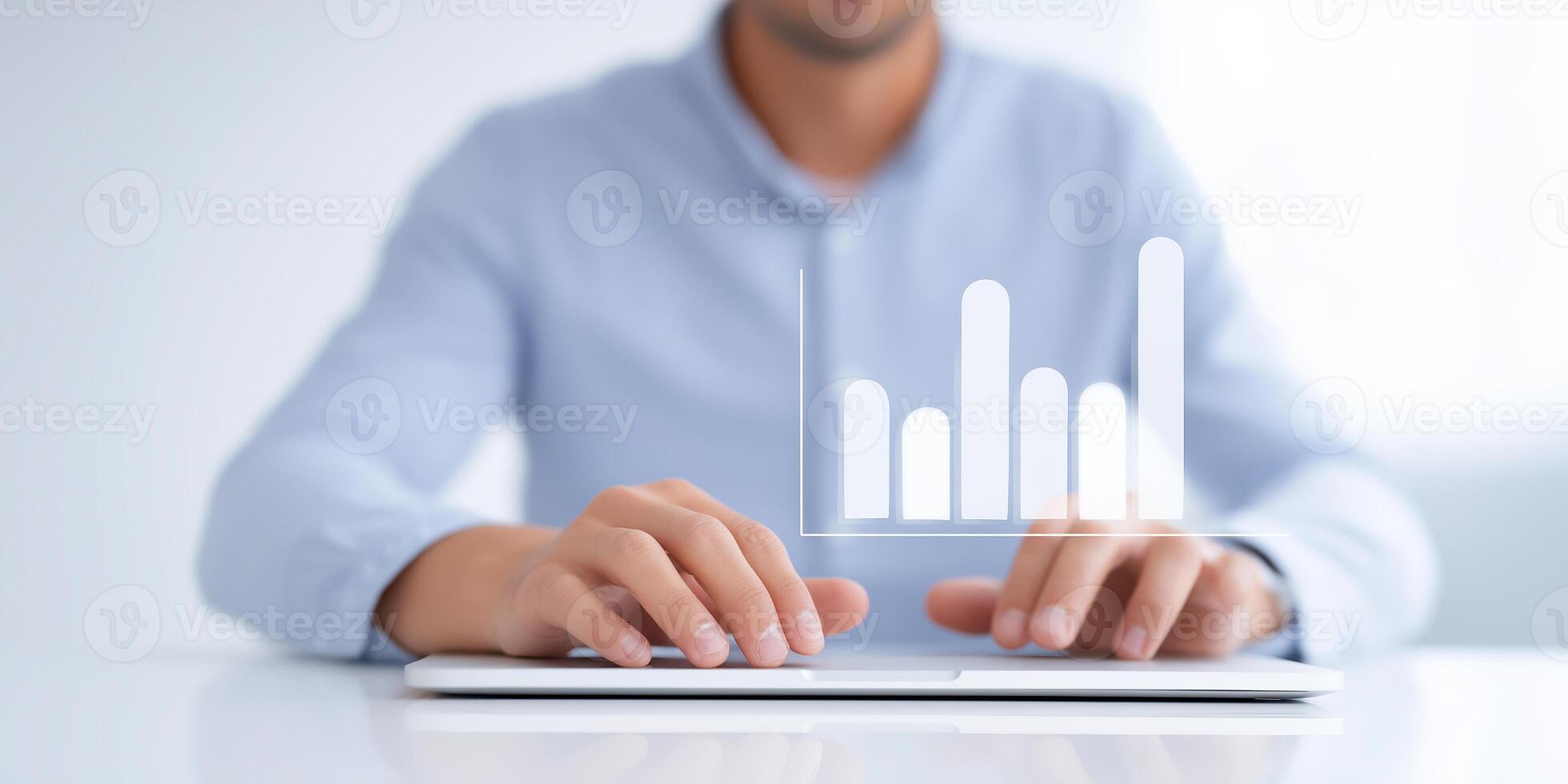 Data analysis in progress with hands on laptop, digital graph displayed, modern workspace, technology and business growth concept photo