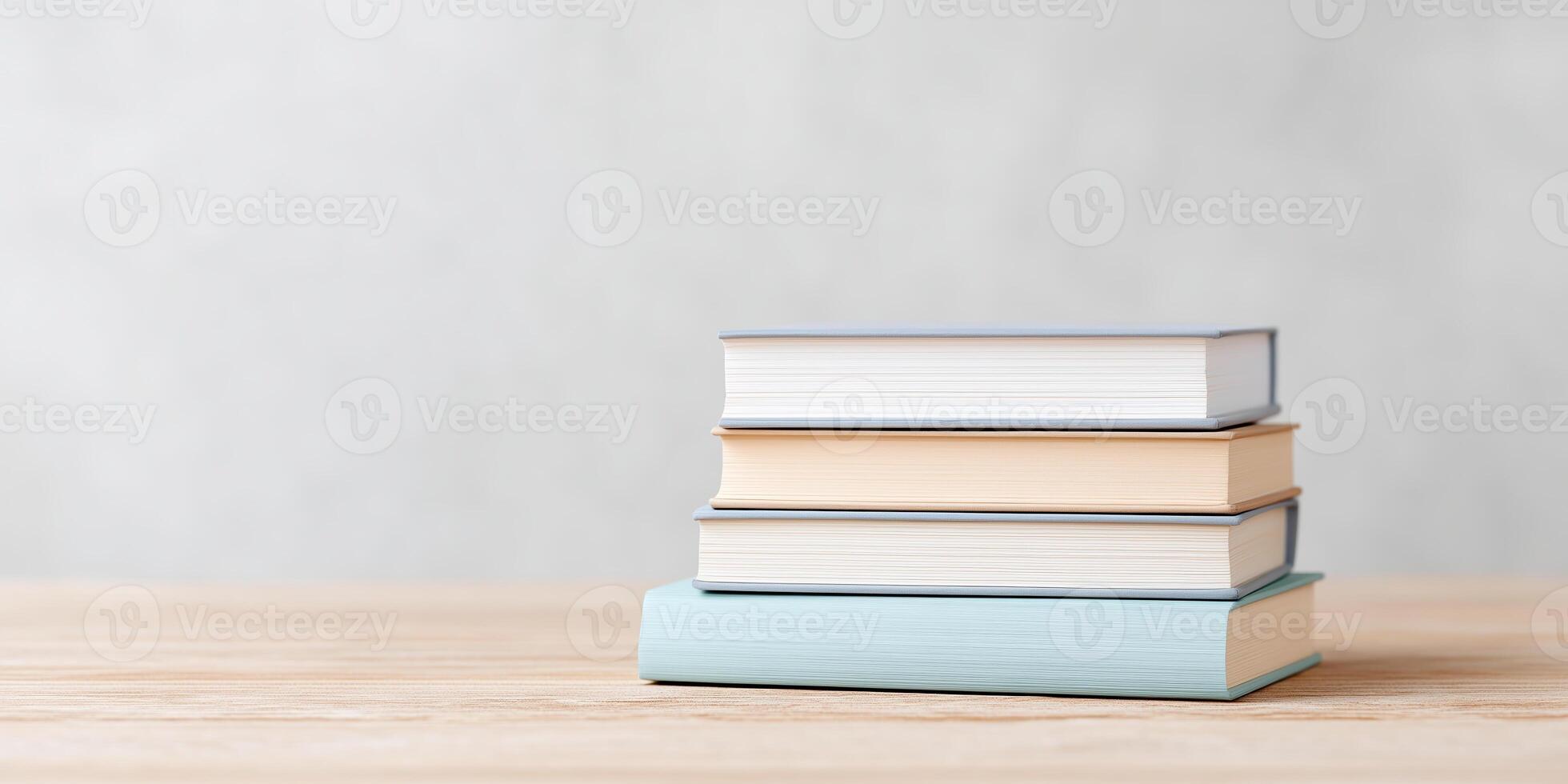 Stacked books in soft colors on a wooden surface creating a serene atmosphere for reading and learning, perfect for education and knowledge sharing concept photo