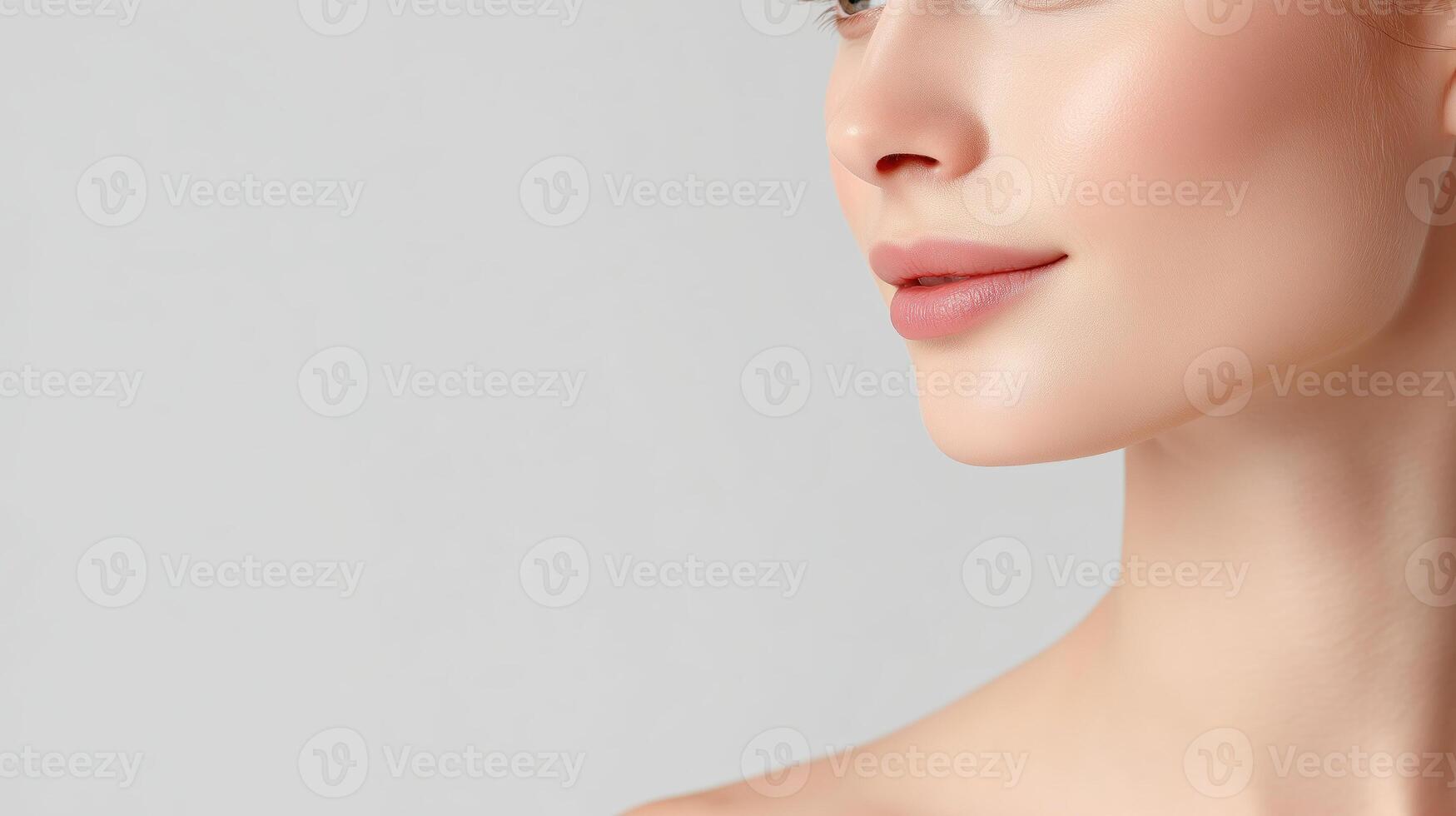 Radiant young woman with flawless skin showcasing natural beauty in a soft light setting emphasizing skincare and wellness principles healthy skin concept photo