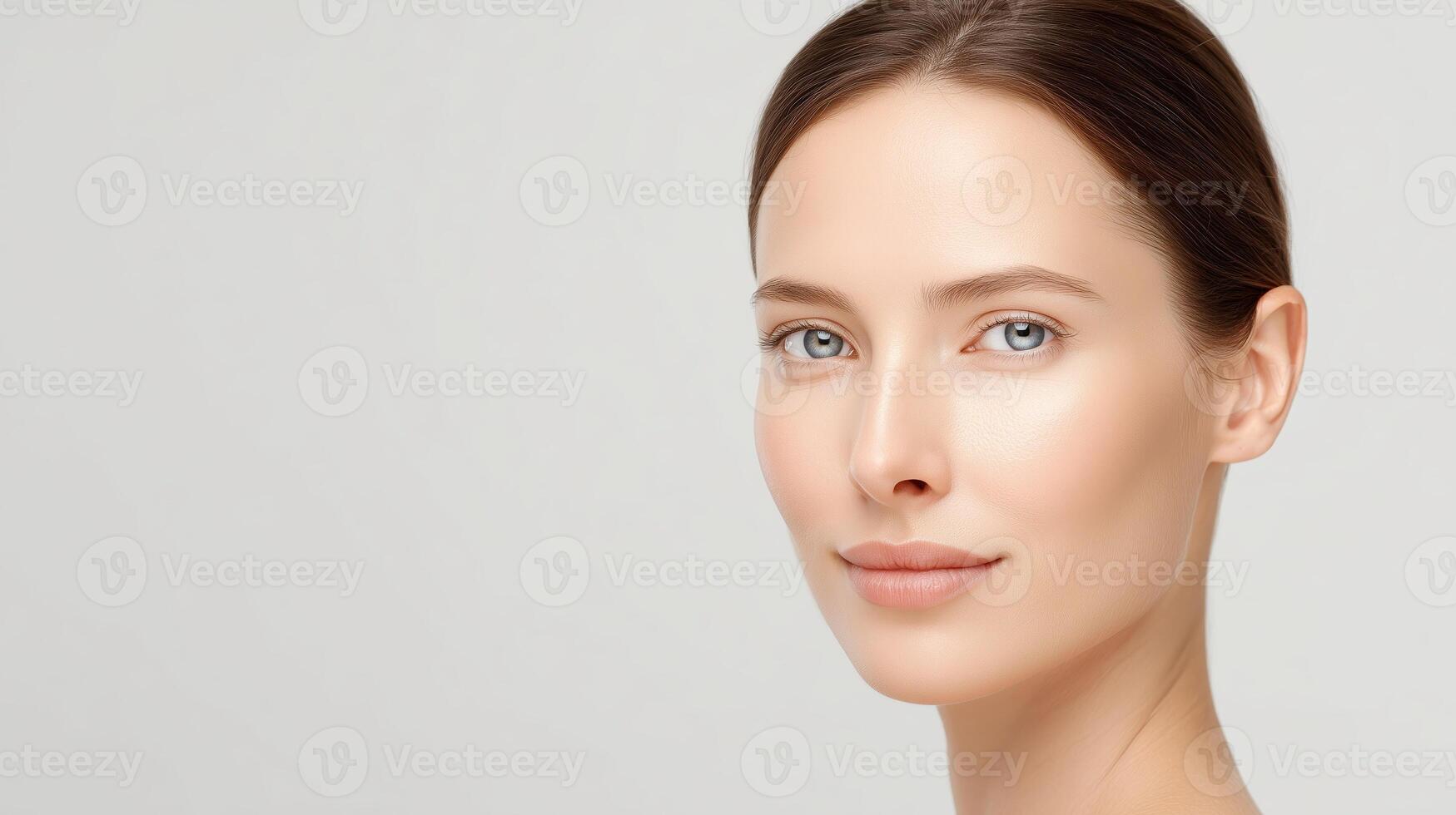 Radiant woman with flawless skin showcasing natural beauty and confidence in a minimalist setting emphasizing skincare and wellness principles healthy skin concept photo
