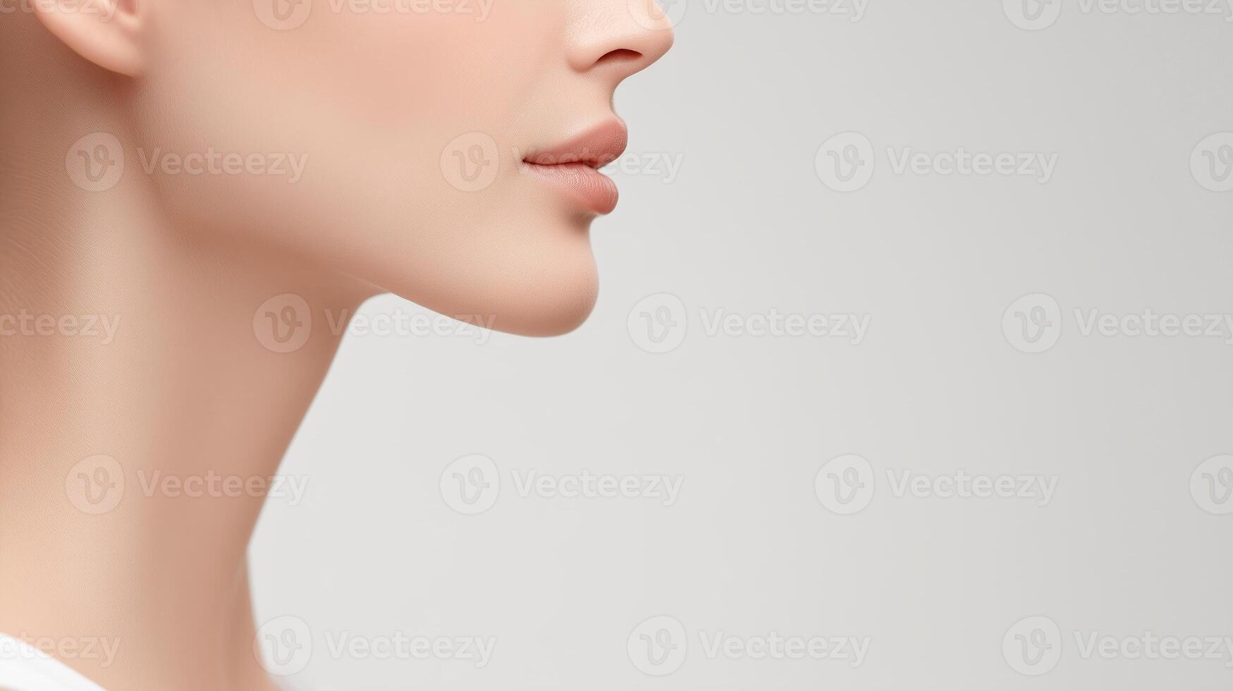 Elegant profile of a woman showcasing smooth skin, graceful neck, and natural beauty in a minimalist setting, emphasizing beauty and wellness concept photo