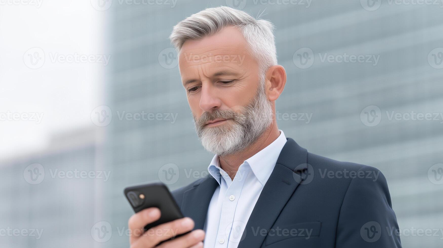 Professional man using smartphone outdoors in urban setting, focused on screen, modern business attire, technology and communication concept photo