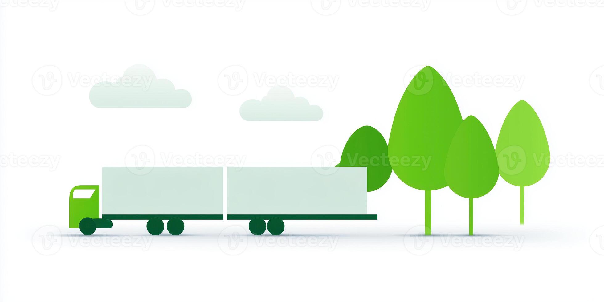 A green truck is driving through a forest photo