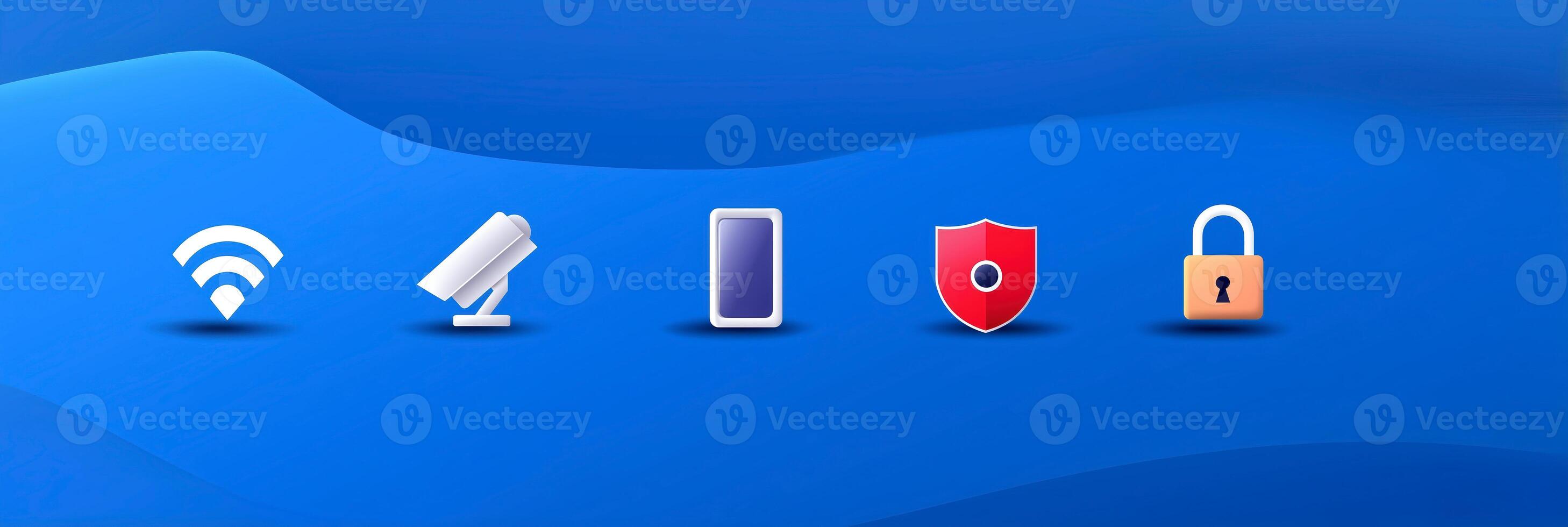 Digital icons representing connectivity, security, and technology on a blue background, illustrating modern communication and protection concept photo