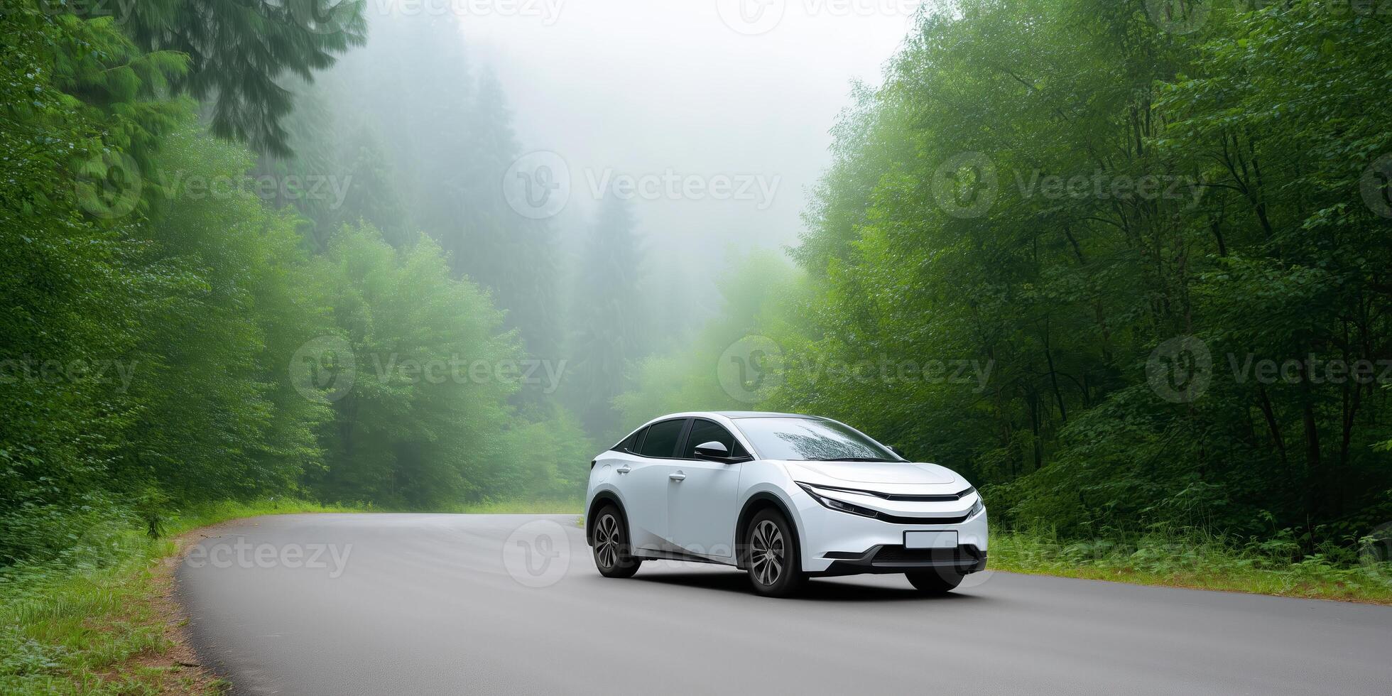 A white car driving down a road in the woods photo