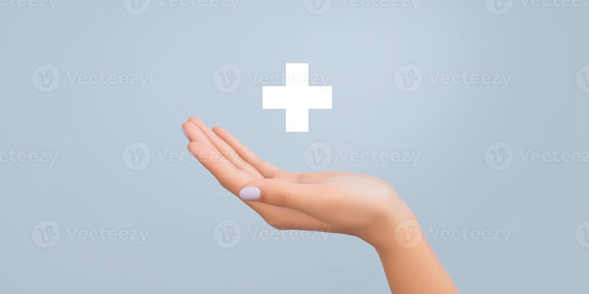 Hand gesture with palm facing up, displaying a white medical cross symbol above, representing healthcare, support, and assistance in a clean, minimalistic environment photo