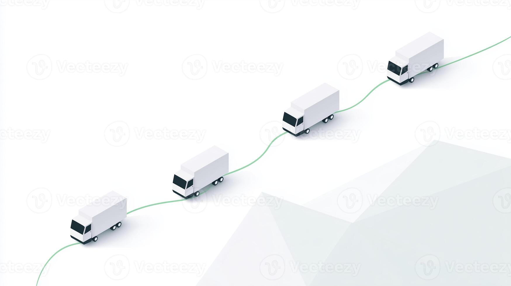 White delivery trucks connected by a green line on a minimalistic background, illustrating logistics and transportation concepts in a modern design style photo