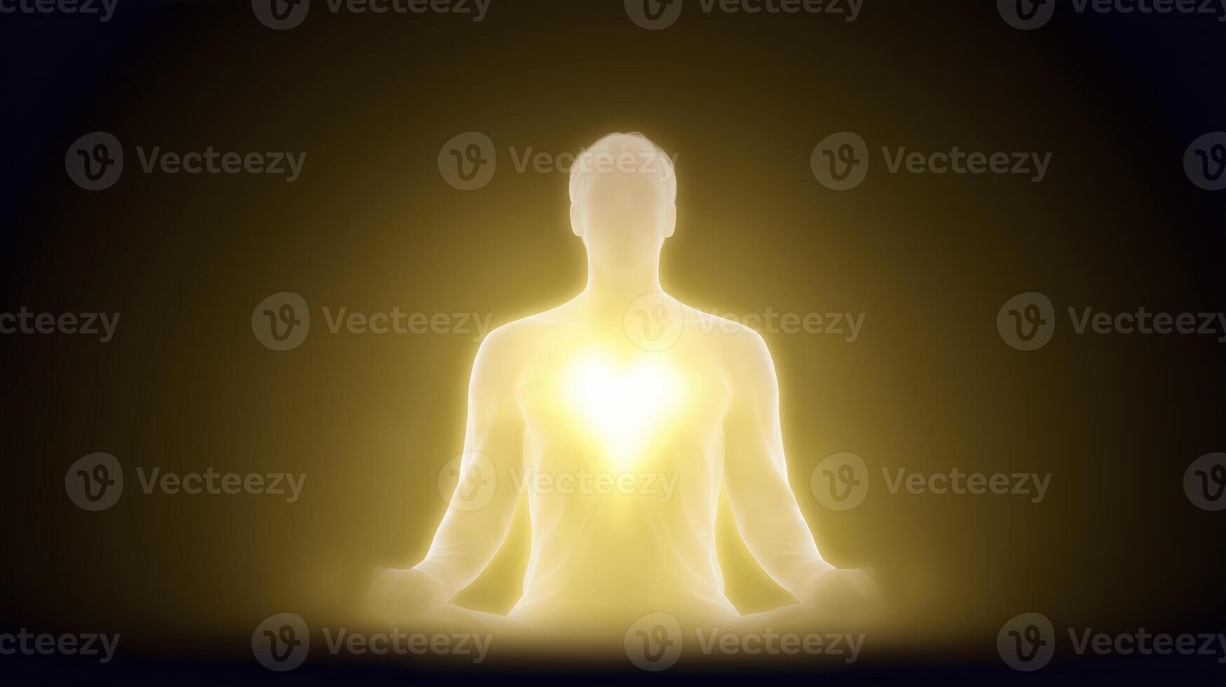 Ethereal figure meditating with a glowing heart center, surrounded by a radiant aura, symbolizing inner peace, spirituality, and emotional healing in a serene atmosphere photo
