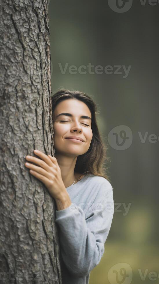 Woman with long hair embraces a tree in a serene forest, showcasing a connection with nature, surrounded by soft green foliage and a tranquil atmosphere of peace and harmony photo