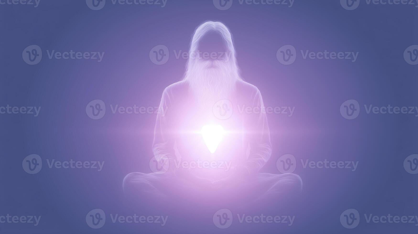 Spiritual figure with long white beard, meditating in a serene atmosphere, surrounded by soft purple light, radiating energy from heart center, embodying peace and tranquility photo