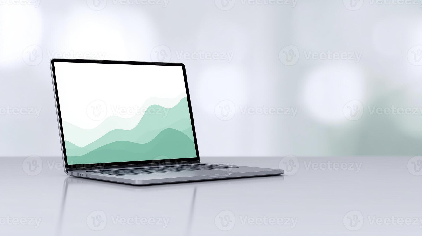 Modern laptop with minimalist design showcasing abstract green waves on screen, ideal for technology, workspace, and digital innovation concept photo