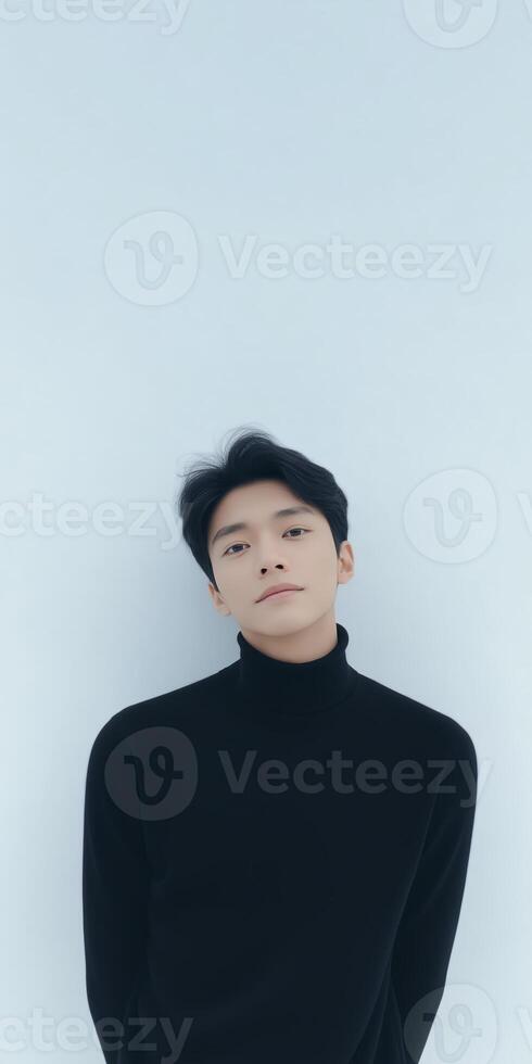 Young Asian man in a black turtleneck sweater stands against a soft blue background, showcasing a modern and minimalist fashion aesthetic with a contemplative expression photo