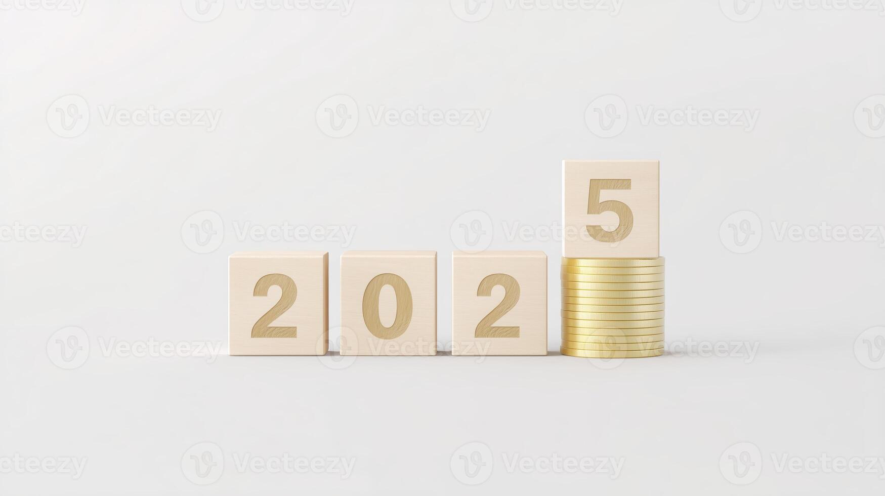 Wooden blocks displaying the year 2025 next to a stack of gold coins, symbolizing financial growth and future investment opportunities in a minimalist setting photo