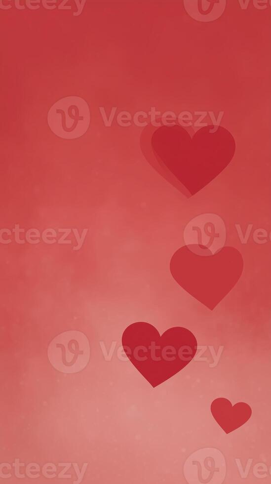 Red hearts of various sizes are scattered across a soft red background, creating a romantic and warm atmosphere, perfect for love-themed designs and celebrations photo