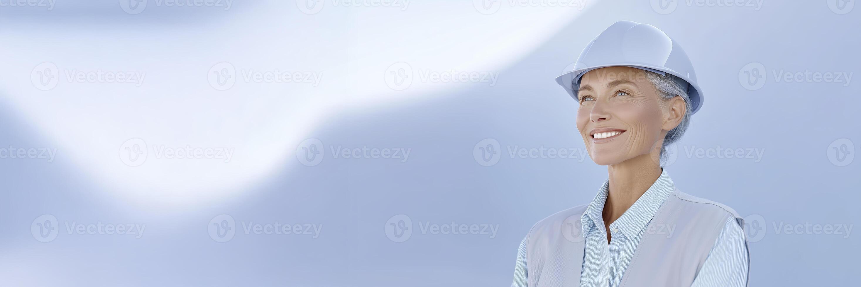 Senior woman wearing a hard hat and safety vest smiles confidently while looking upward against a soft blue background, embodying professionalism and optimism in construction photo
