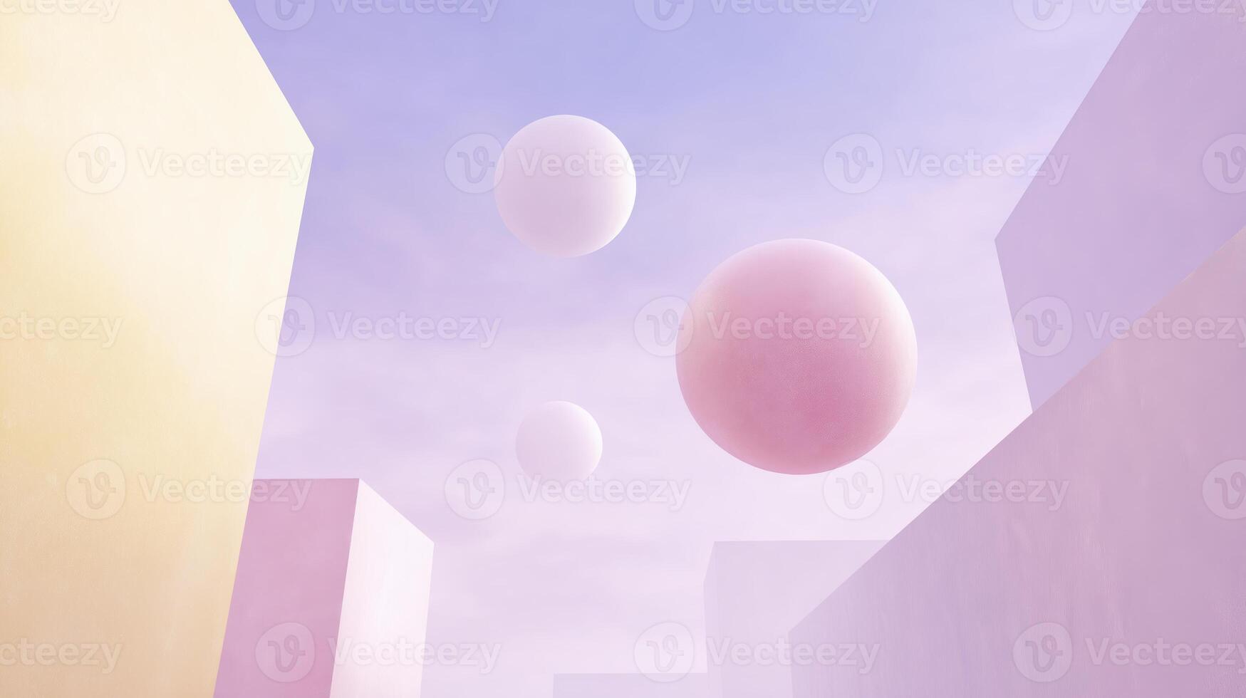 Abstract 3D illustration featuring soft pastel-colored geometric shapes and floating spheres against a dreamy sky, creating a serene and imaginative atmosphere for creative projects photo