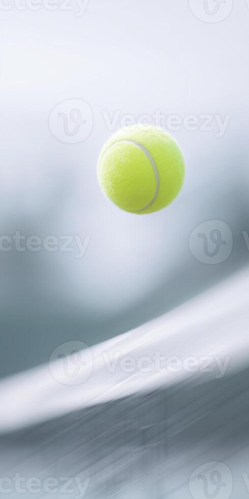 Bright yellow tennis ball is captured mid-air above a blurred net, showcasing the dynamic motion and excitement of the sport, emphasizing action and athleticism in a vibrant setting photo