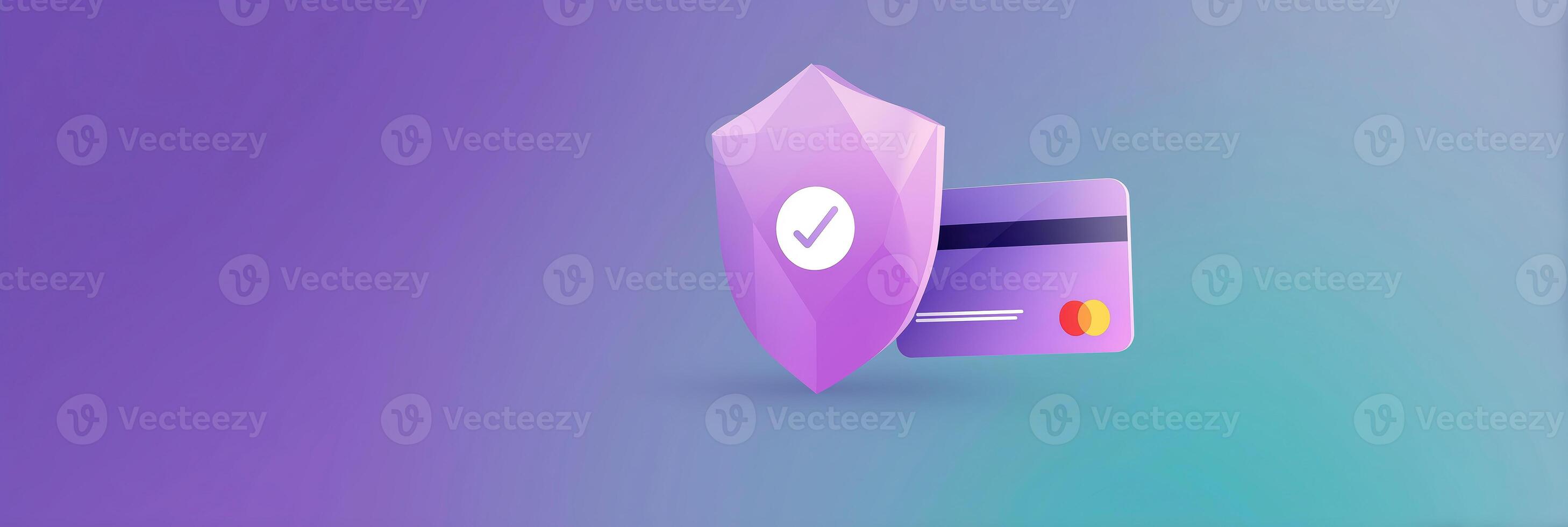 A purple and blue background with a credit card photo