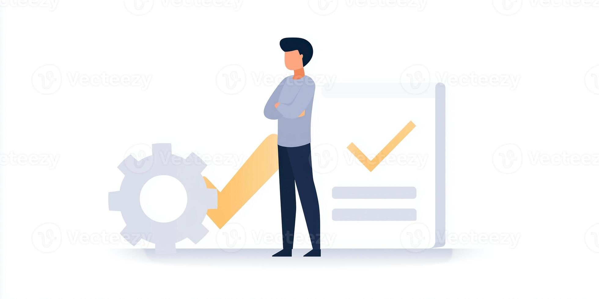 Professional individual standing confidently beside a gear and checklist symbolizing productivity and success in project management and workflow optimization concept photo