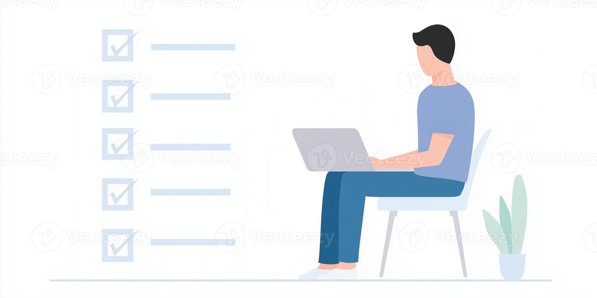 Person working on laptop while sitting on chair with checklist in background, productivity and organization concept photo