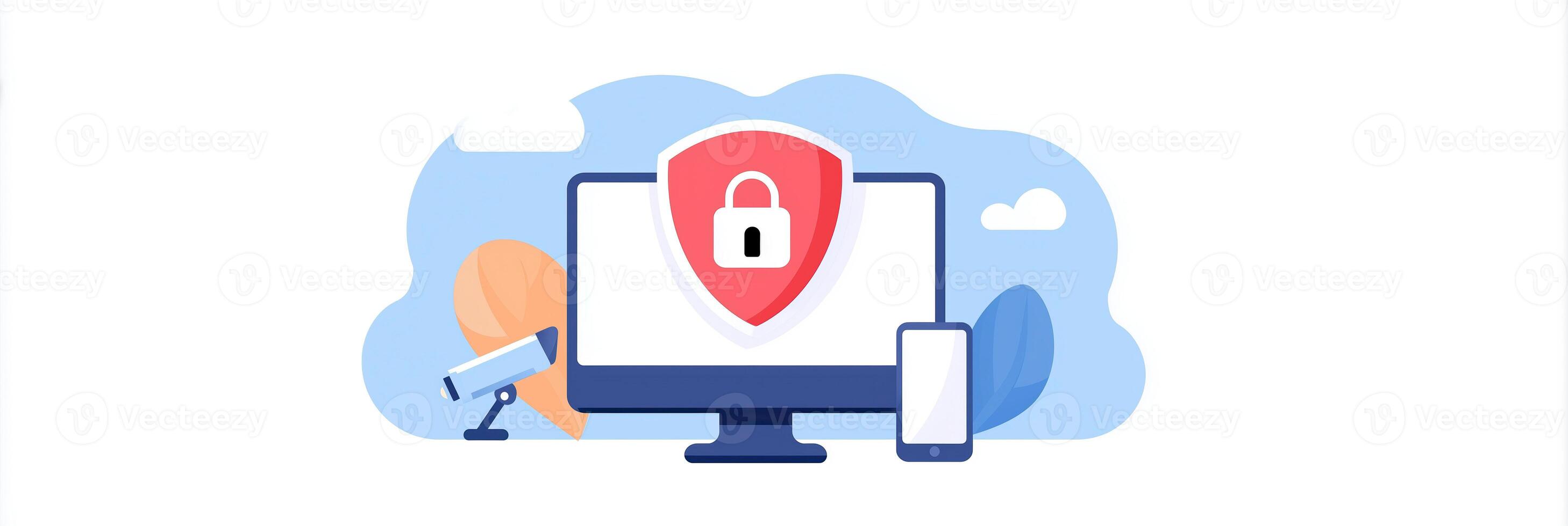 Digital security illustration featuring a computer, smartphone, and surveillance camera with a padlock symbol representing online safety and protection concept photo