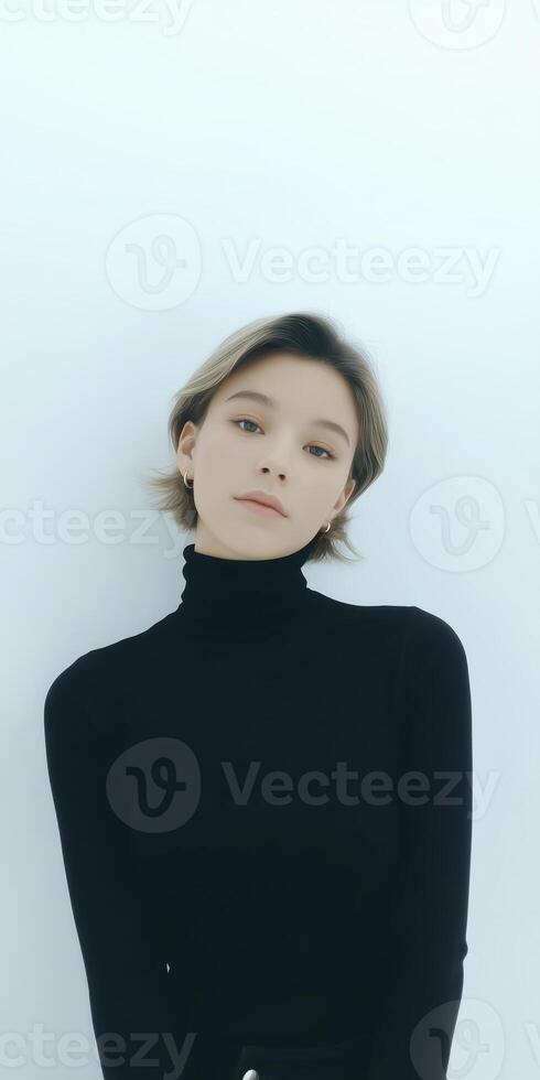 Young woman with short hair wearing a black turtleneck sweater poses against a minimalistic white background, showcasing modern fashion and contemporary style photo