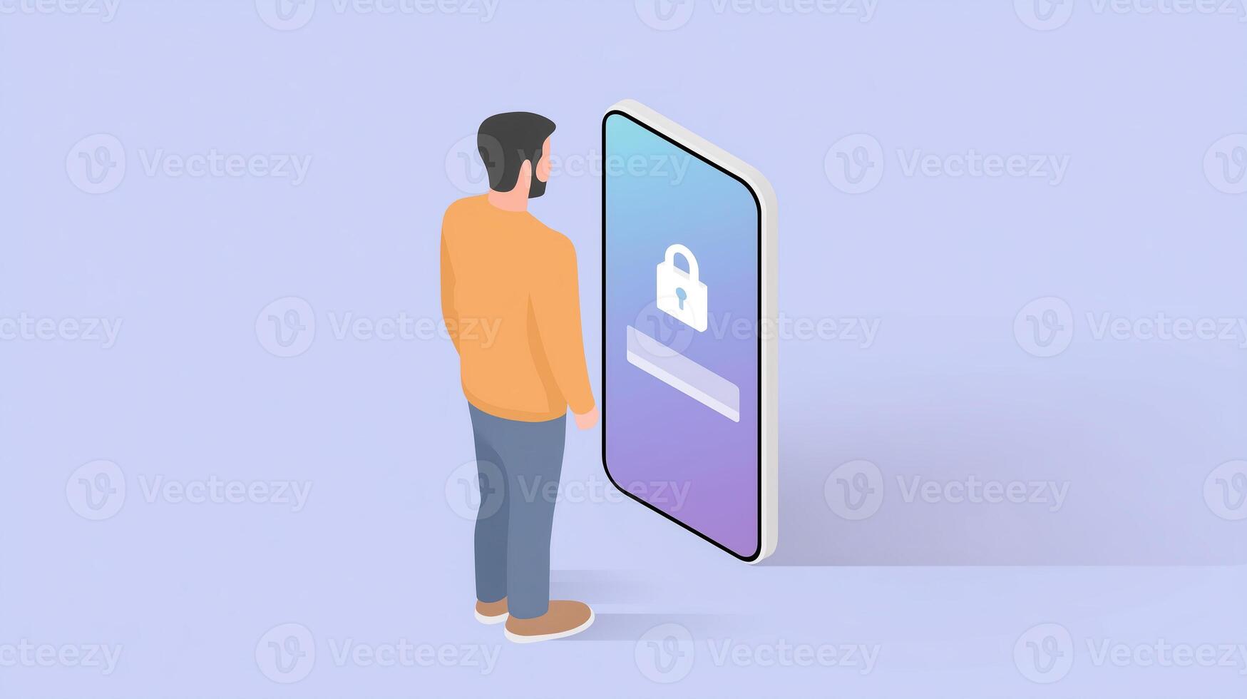 A man is looking at a smartphone with a lock icon photo