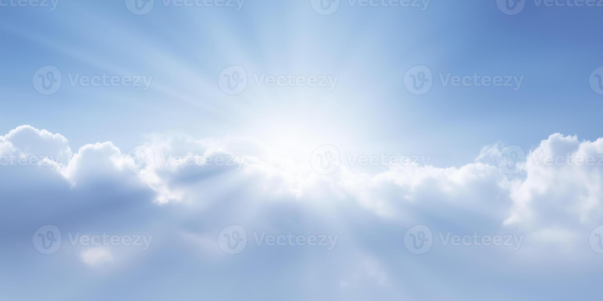 Bright sunlight breaking through fluffy clouds in a clear blue sky, creating a serene and uplifting atmosphere, perfect for conveying hope and tranquility in visual storytelling photo