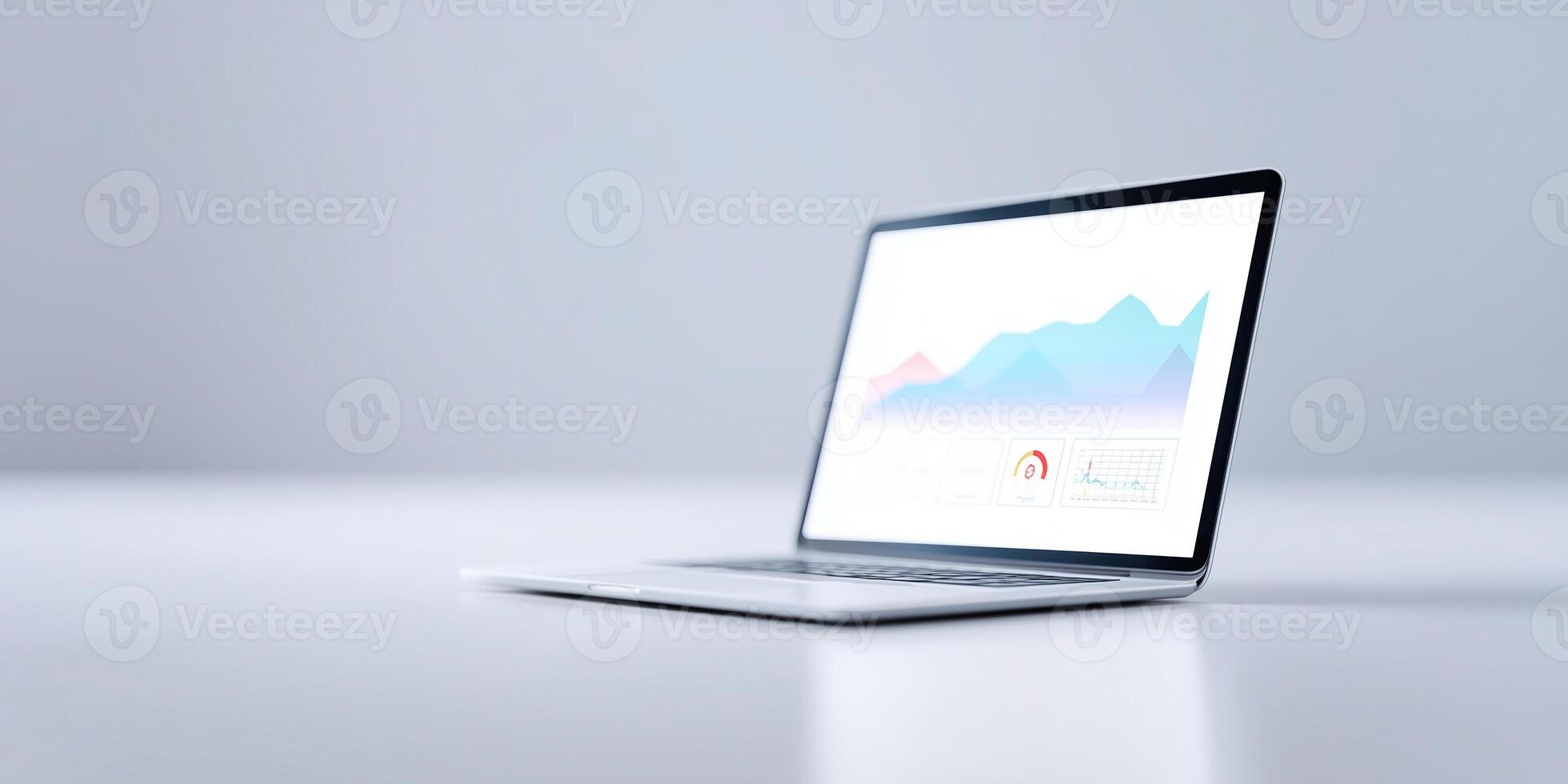 Laptop displaying colorful data visualization on screen with modern design and clean background showcasing technology and business analytics concept photo