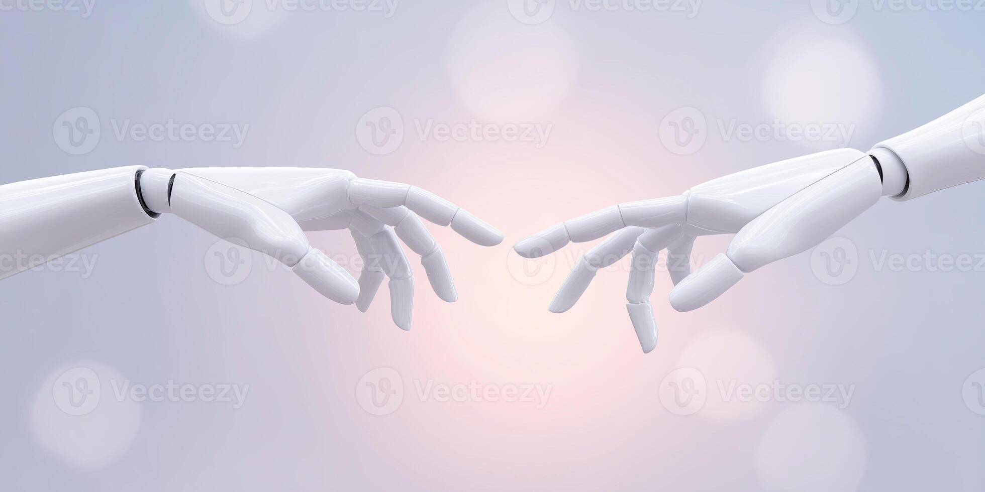 Robotic hands reaching out to each other in a symbolic gesture of connection and interaction on a soft blurred background technology concept photo
