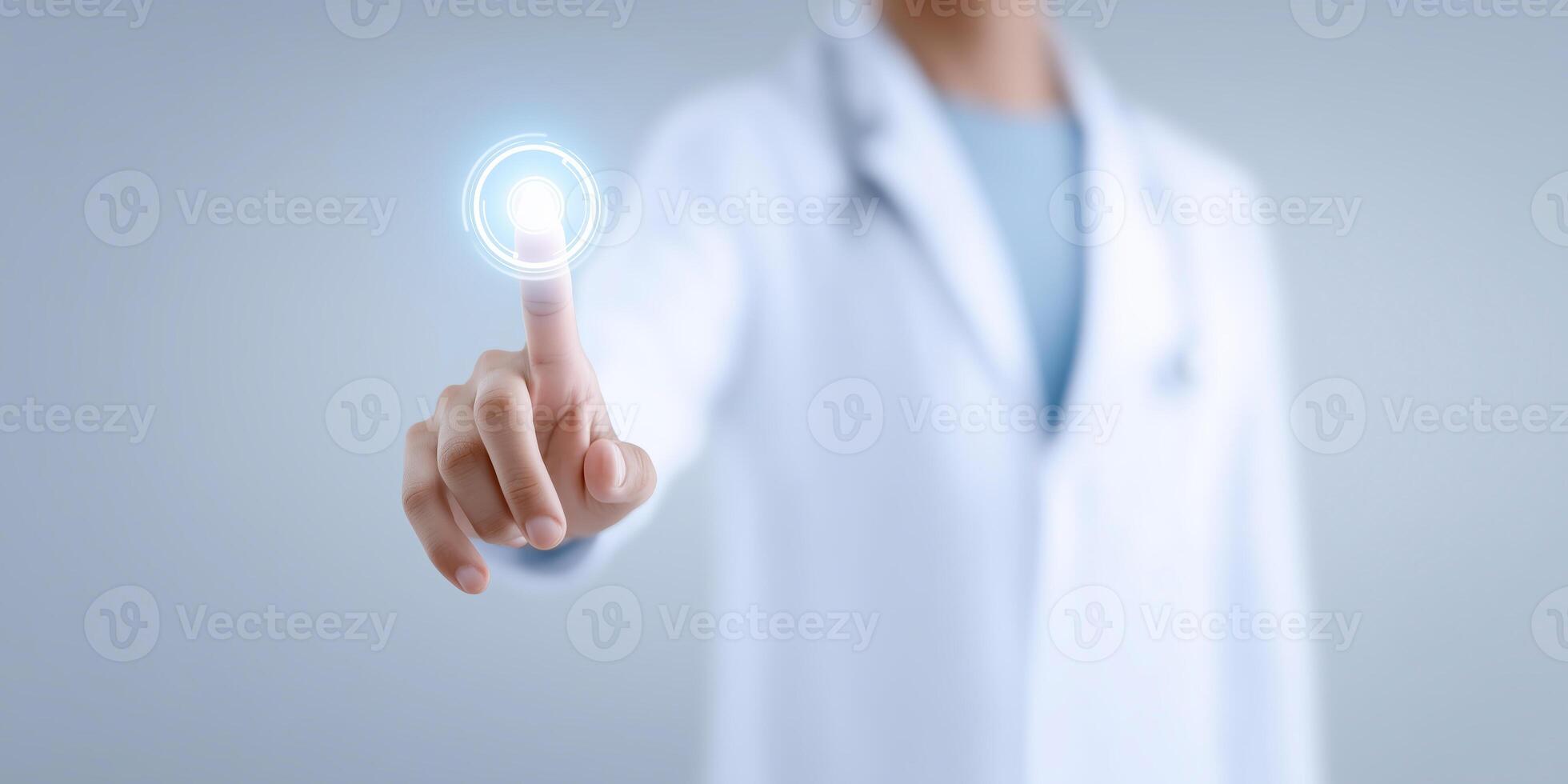 Medical professional interacting with digital interface using finger touch technology for healthcare innovation and patient engagement concept photo
