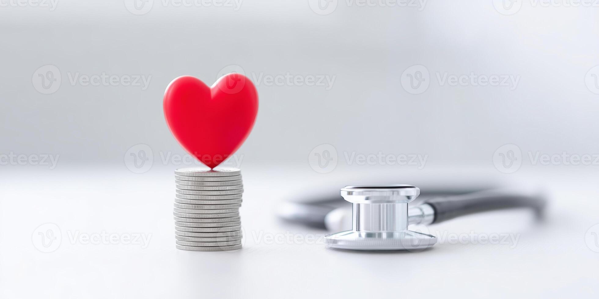Heart symbol on coins representing financial health and wellness, emphasizing the connection between money and well-being, financial health concept photo