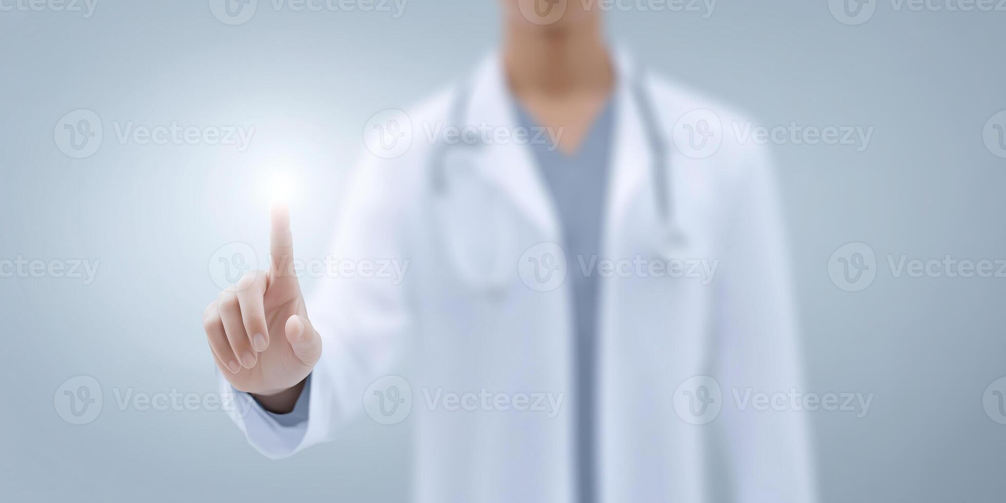 Medical professional interacting with digital interface, healthcare technology concept, doctor using touch screen for patient data management and innovative solutions photo