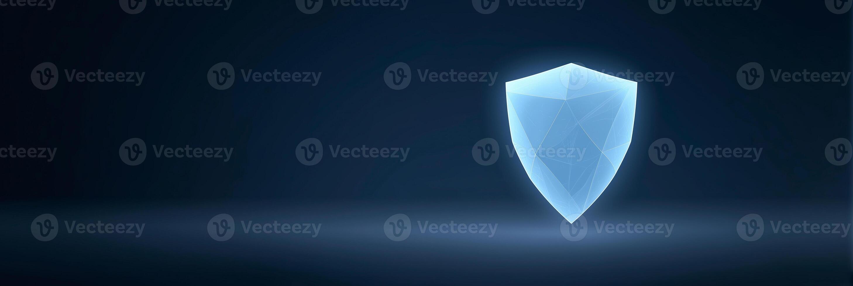 Glowing geometric shield design on dark background representing security protection technology concept photo