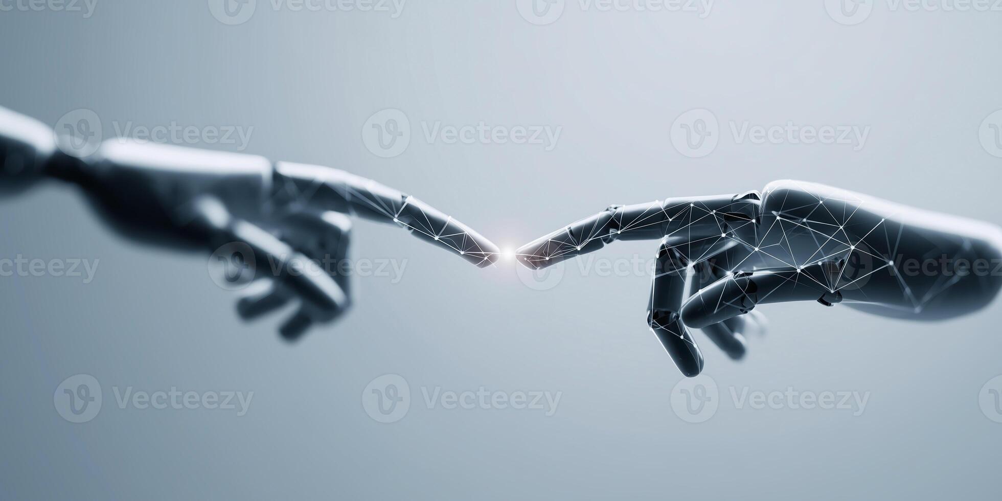 Robotic hands reaching towards each other with a glowing connection symbolizing technology and humanity interaction concept photo