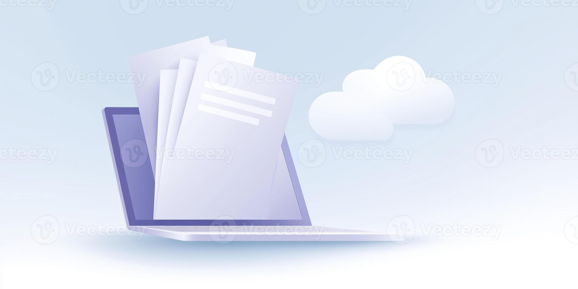 Laptop with documents emerging from screen, representing digital storage and cloud computing, showcasing modern technology and innovation in a minimalist design photo