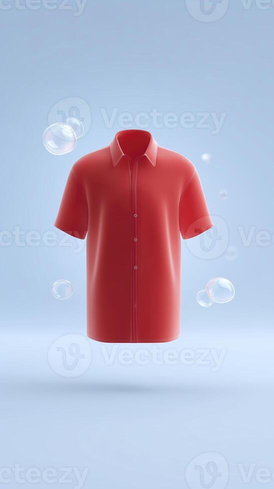 3D illustration of a vibrant red short-sleeve shirt floating against a soft blue background with bubbles creating a fresh and clean atmosphere photo