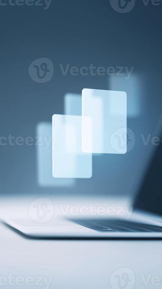 Abstract digital mock up of floating transparent screens above a laptop with a blurred background creating a modern tech atmosphere for design projects photo
