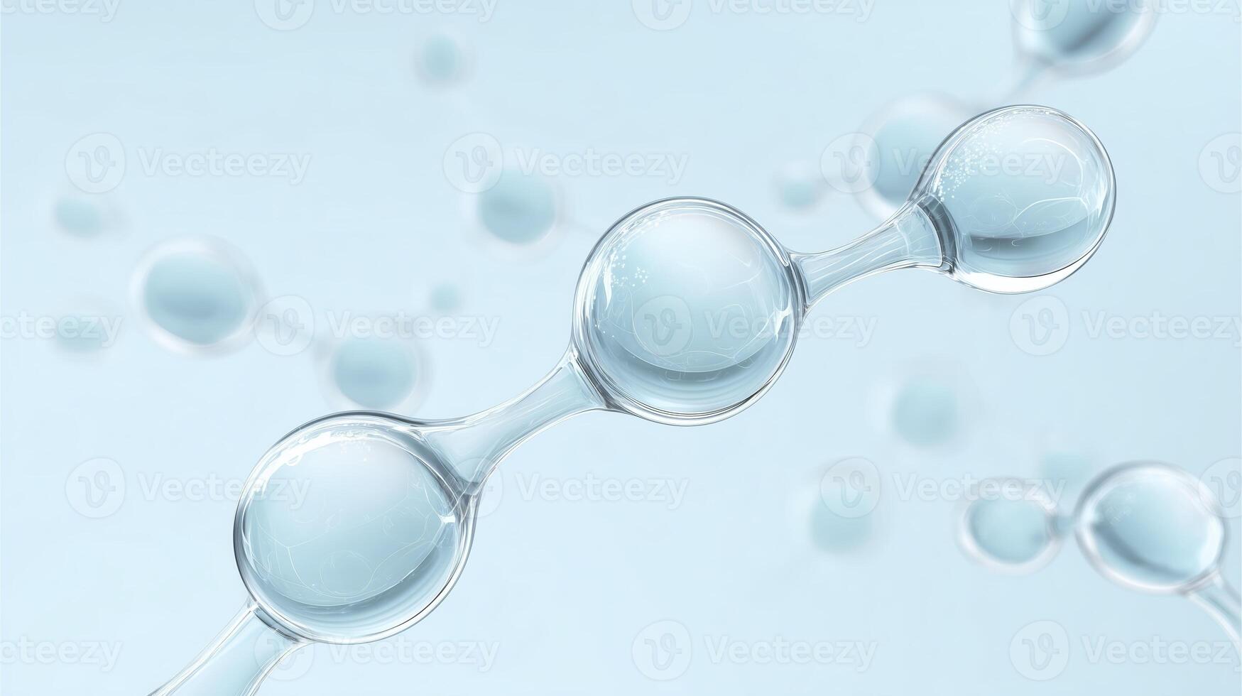 Molecular structure of water with transparent droplets on a soft blue background representing purity and scientific innovation in chemistry and biology photo