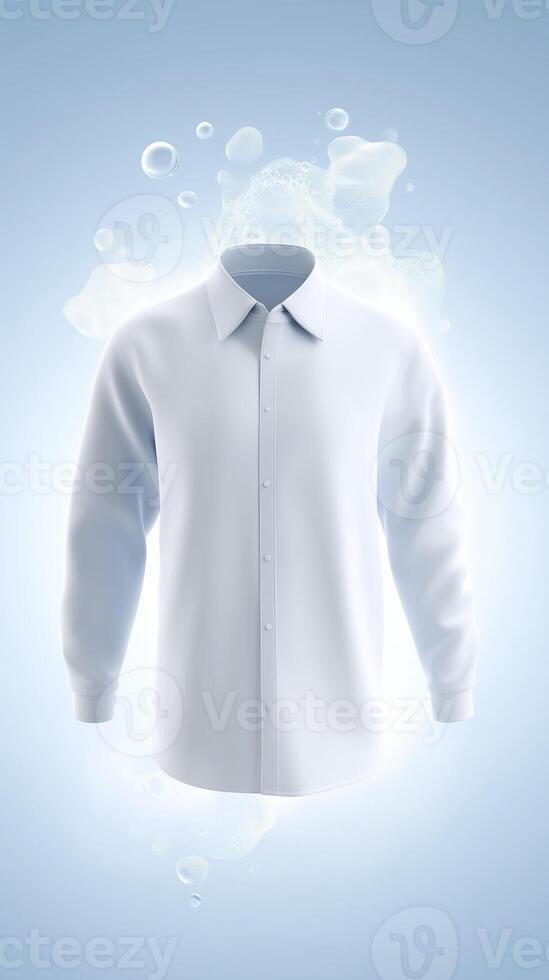 White long-sleeve shirt mock up with soft lighting and bubbles in the background, showcasing a clean and fresh appearance for design purposes and branding applications photo