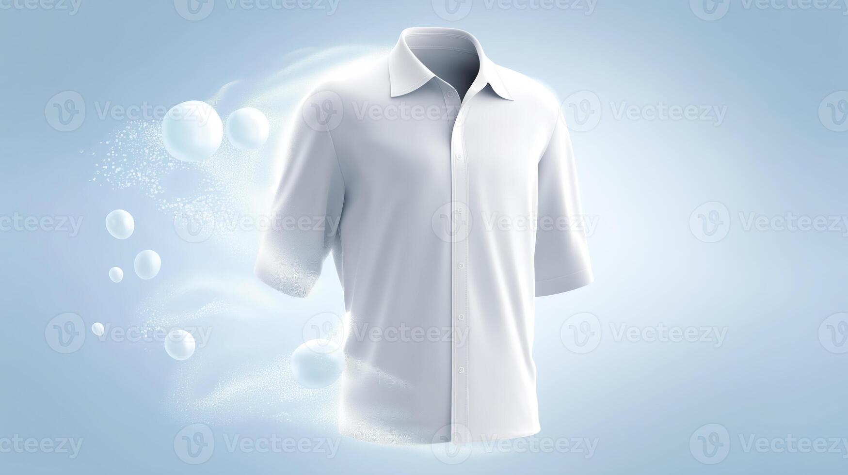 White shirt mock up with soft fabric texture and bubbles, floating in a light blue background, showcasing a clean and modern design for promotional use photo