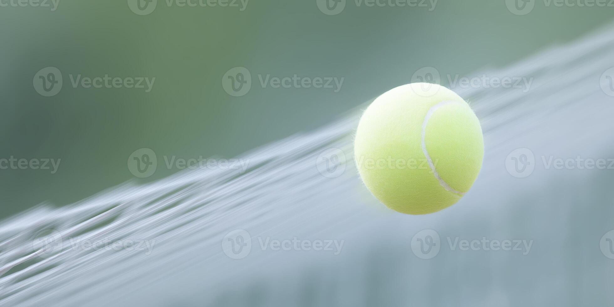 Bright yellow tennis ball is suspended in mid-air above a net, captured in motion, showcasing the dynamic energy of the sport and the excitement of a competitive game photo
