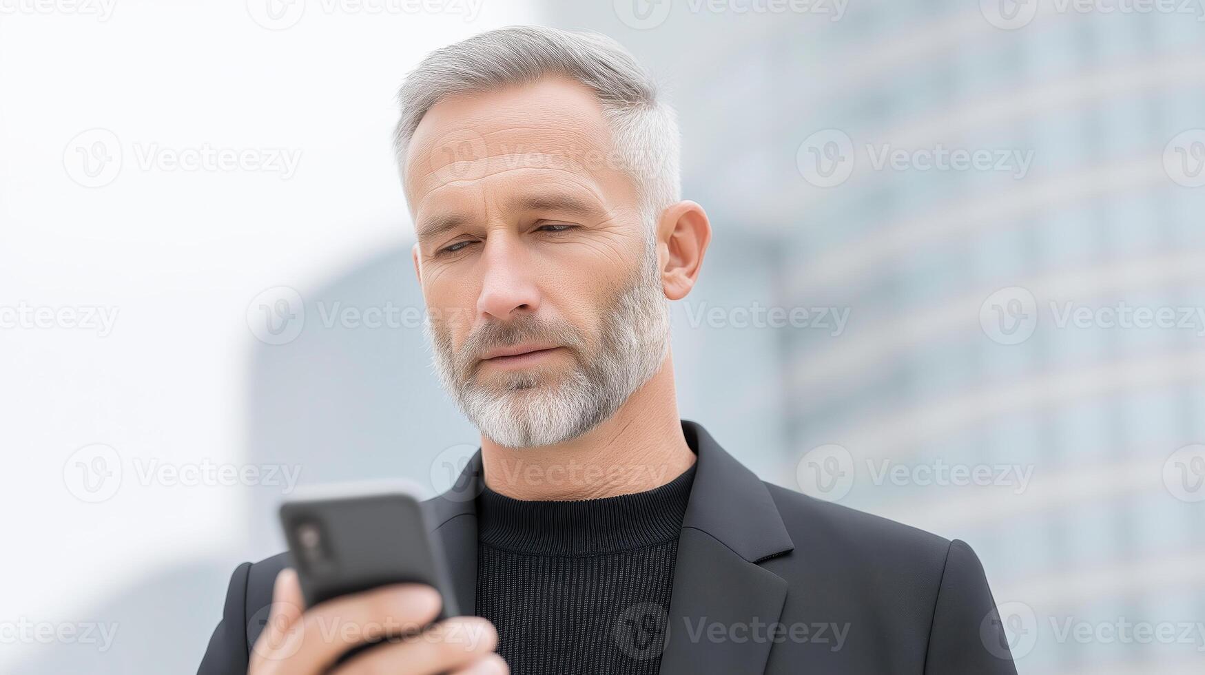 Professional man using smartphone outdoors in urban setting, focused on screen, modern technology, communication, business lifestyle, digital interaction, connectivity concept photo