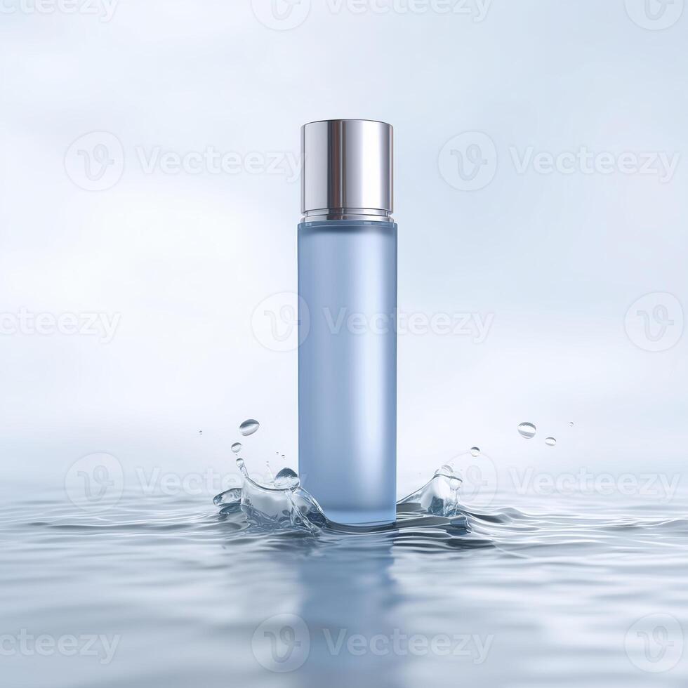 Clear glass bottle filled with blue liquid, standing in calm water, reflecting soft light, creating a serene and refreshing atmosphere for beauty products photo