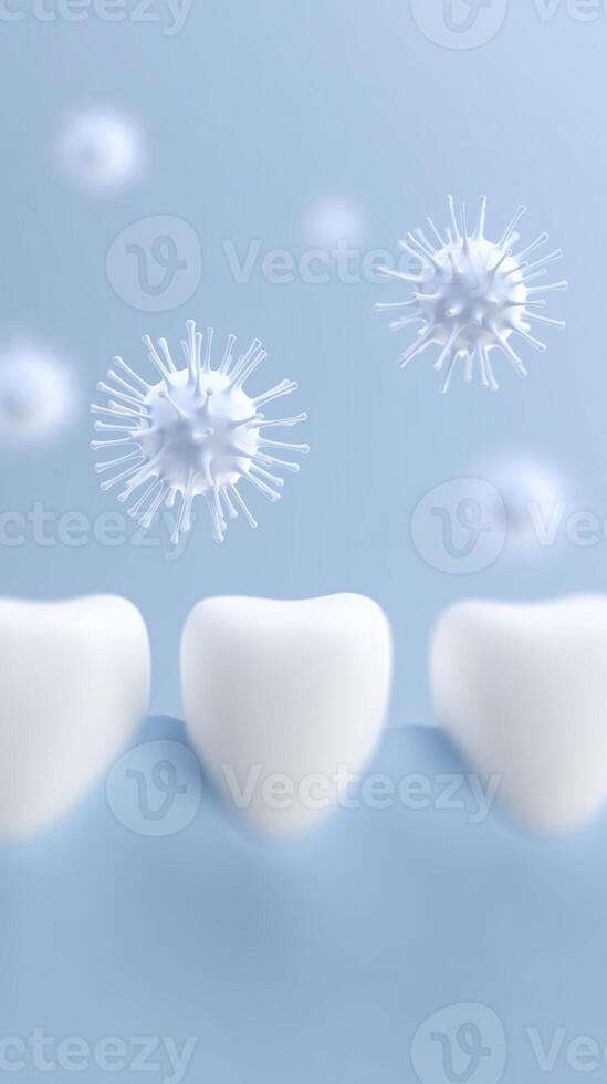 Three white teeth with floating bacteria and viruses in a clean blue background representing dental health and hygiene concepts for oral care awareness photo